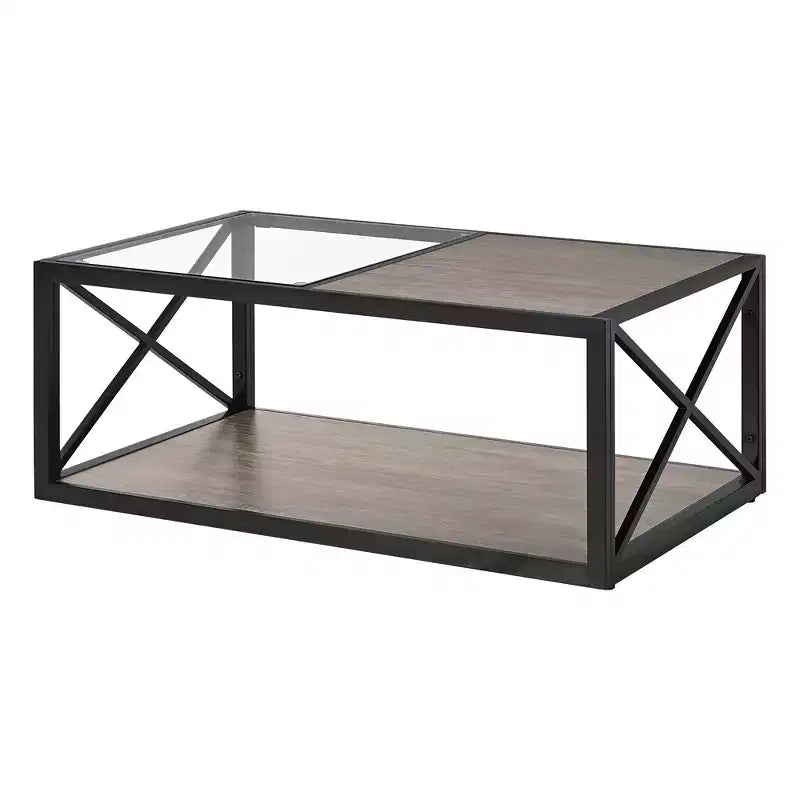 Tavolino da caffè moderno industriale Zeus & Ruta con piano in vetro temperato e legno MDF per soggiorno e camera da letto