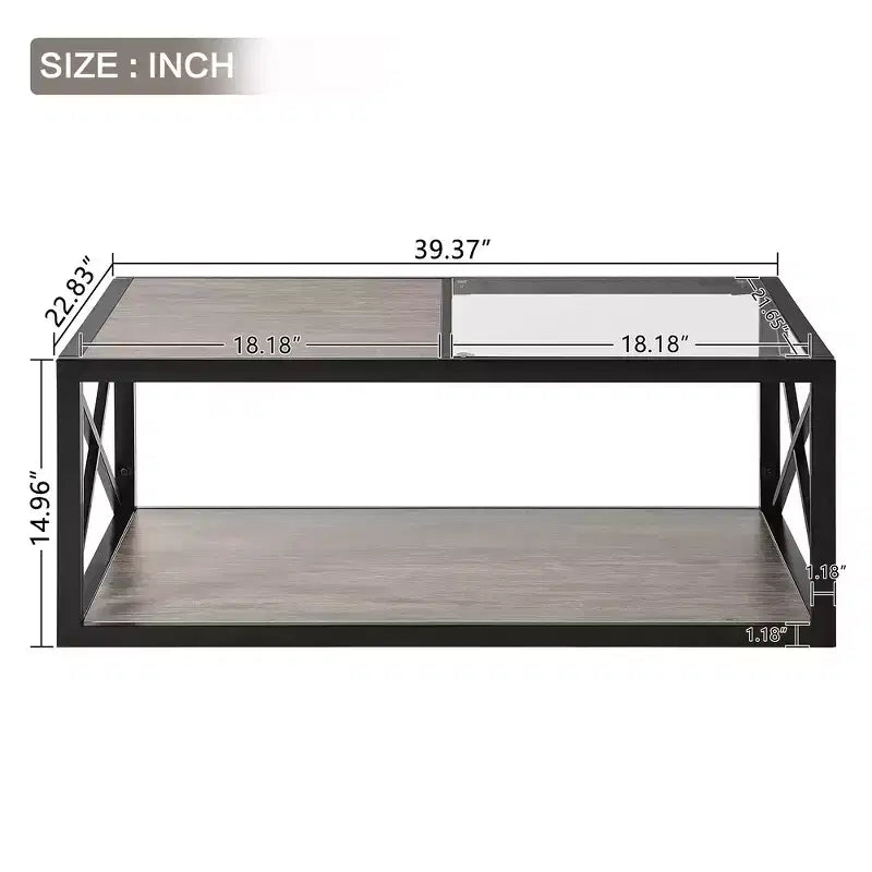 Tavolino da caffè moderno industriale Zeus & Ruta con piano in vetro temperato e legno MDF per soggiorno e camera da letto