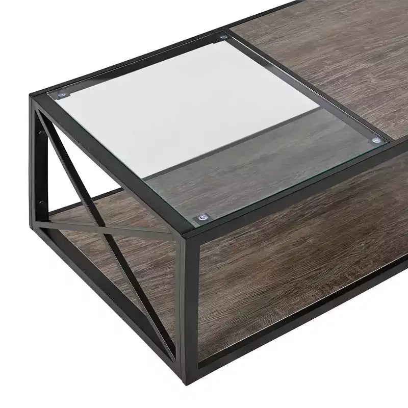 Tavolino da caffè moderno industriale Zeus & Ruta con piano in vetro temperato e legno MDF per soggiorno e camera da letto