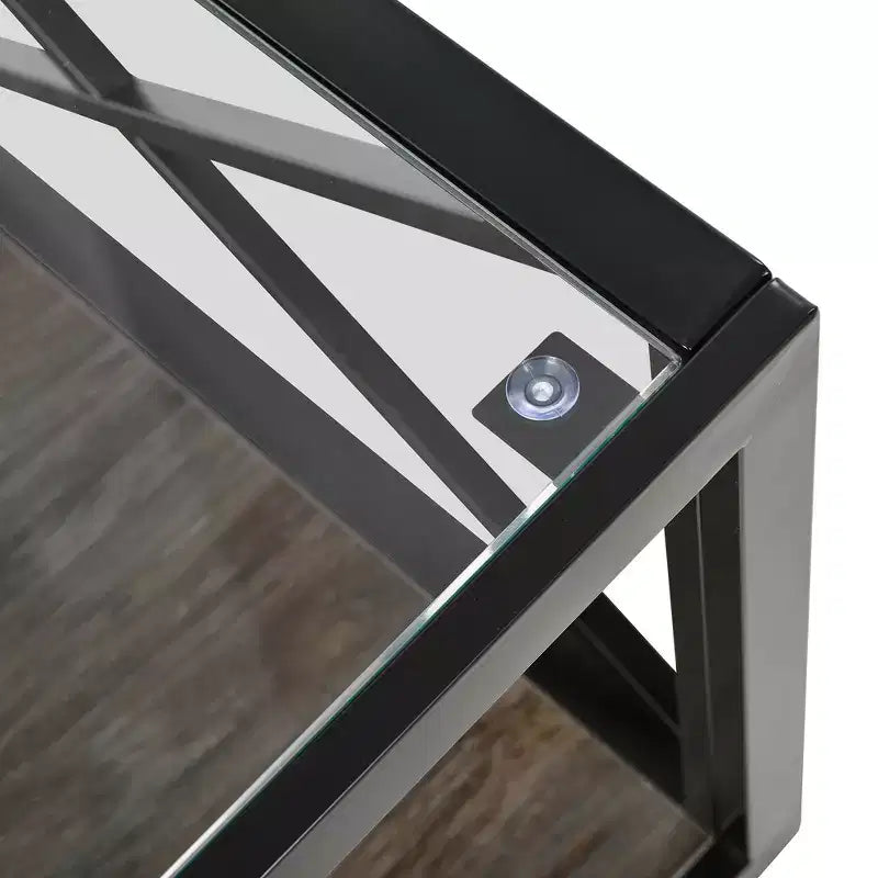 Tavolino da caffè moderno industriale Zeus & Ruta con piano in vetro temperato e legno MDF per soggiorno e camera da letto