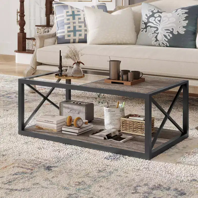 Zeus & Ruta Modern Industrial Coffee Table with Tempered Glass & Wood MDF Top for Living Room & Bedroom