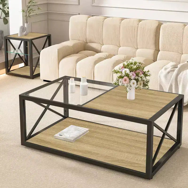 Tavolino da caffè moderno industriale Zeus & Ruta con piano in vetro temperato e legno MDF per soggiorno e camera da letto