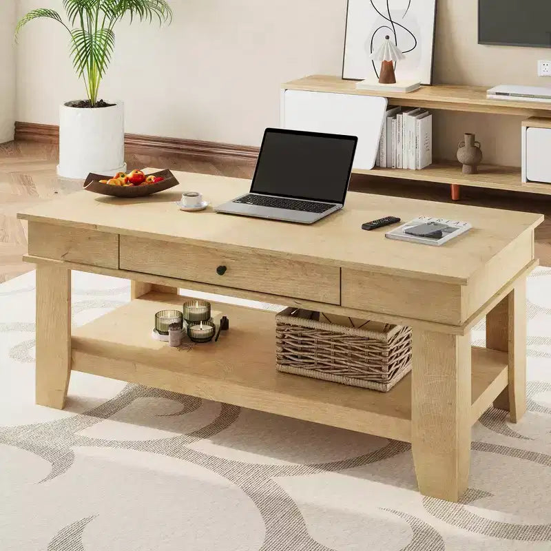 Tavolino da Caffè Rettangolare con Cassetto e Ripiano Aperto, Tavolino Centrale Rustico per Soggiorno, Struttura Stabile a Quattro Gambe, Superficie Facile da Pulire