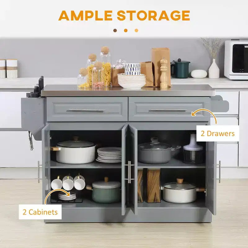 FAMYYT Isola per cucina grigia in acciaio inossidabile con piano da 45 cm, bancone per colazione ribaltabile, cassetti portaoggetti, 2 armadietti, portariviste