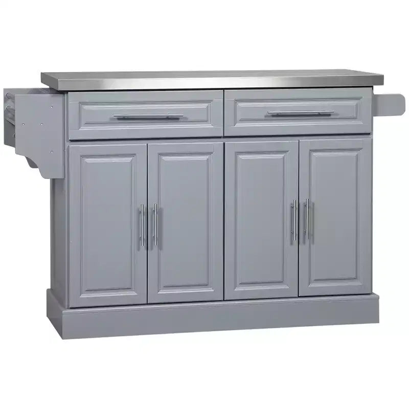 FAMYYT Isola per cucina grigia in acciaio inossidabile con piano da 45 cm, bancone per colazione ribaltabile, cassetti portaoggetti, 2 armadietti, portariviste