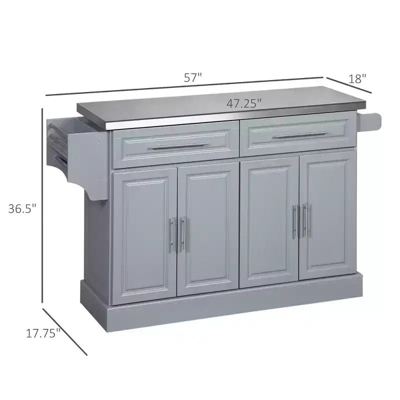 FAMYYT Isola per cucina grigia in acciaio inossidabile con piano da 45 cm, bancone per colazione ribaltabile, cassetti portaoggetti, 2 armadietti, portariviste