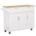 FAMYYT White Natural Wood Top 18 in. Kitchen Island with 2-Storage Cabinets, 2-Drawers, and 4-Lockable Wheels