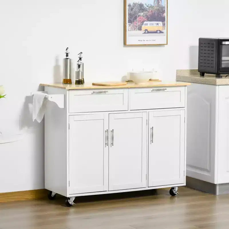 FAMYYT - Isola da Cucina con Piano in Legno Naturale Bianco da 18 pollici, 2 Armadietti, 2 Cassetti e 4 Ruote Bloccabili