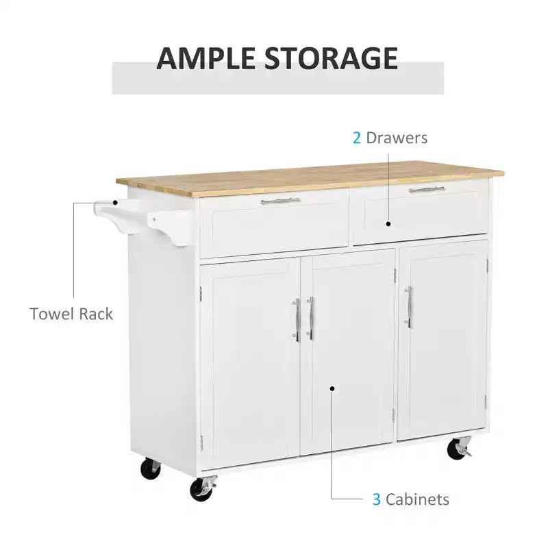 FAMYYT - Isola da Cucina con Piano in Legno Naturale Bianco da 18 pollici, 2 Armadietti, 2 Cassetti e 4 Ruote Bloccabili