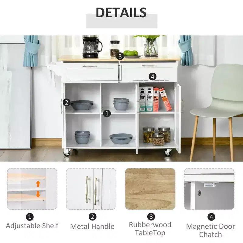FAMYYT - Isola da Cucina con Piano in Legno Naturale Bianco da 18 pollici, 2 Armadietti, 2 Cassetti e 4 Ruote Bloccabili