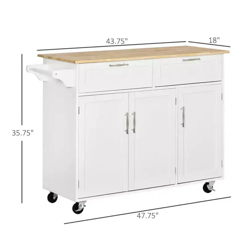 FAMYYT - Isola da Cucina con Piano in Legno Naturale Bianco da 18 pollici, 2 Armadietti, 2 Cassetti e 4 Ruote Bloccabili
