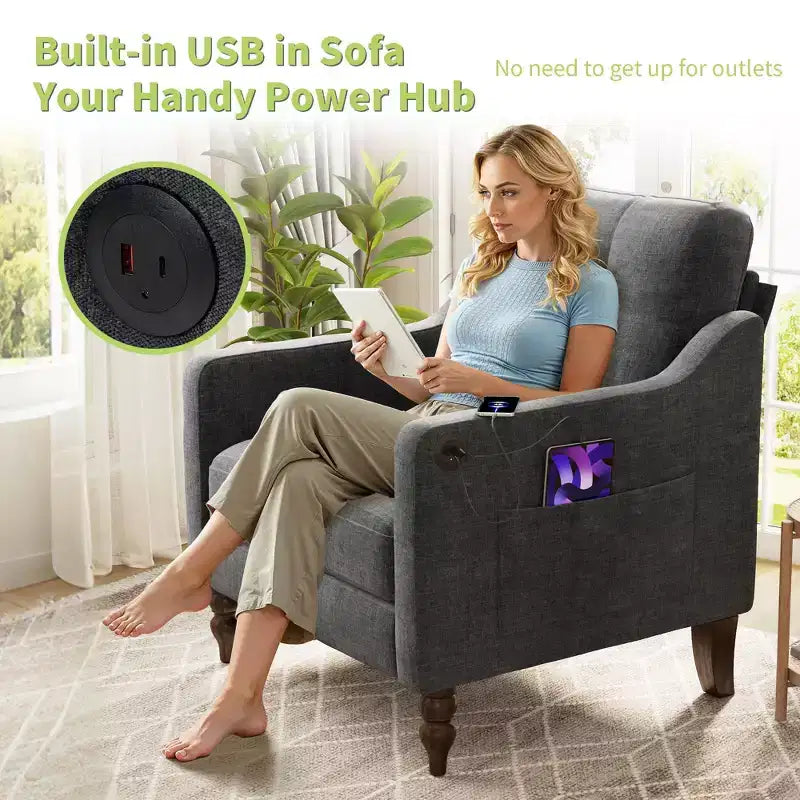 TUYOHW Poltrona moderna, Poltrona ergonomica in ciniglia con porta di ricarica USB, Tasca portaoggetti laterale, Gambe in legno, Poltrona da salotto per soggiorno, camera da letto