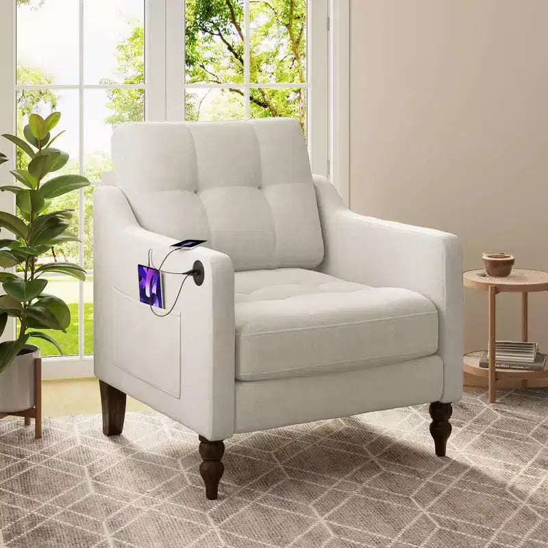 TUYOHW Poltrona moderna, Poltrona ergonomica in ciniglia con porta di ricarica USB, Tasca portaoggetti laterale, Gambe in legno, Poltrona da salotto per soggiorno, camera da letto