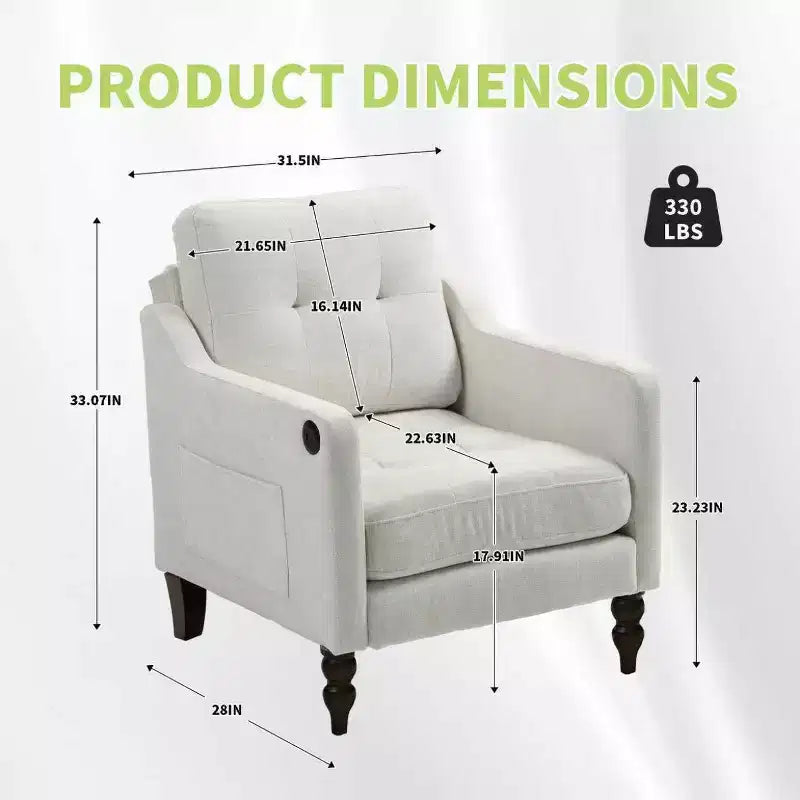 TUYOHW Poltrona moderna, Poltrona ergonomica in ciniglia con porta di ricarica USB, Tasca portaoggetti laterale, Gambe in legno, Poltrona da salotto per soggiorno, camera da letto