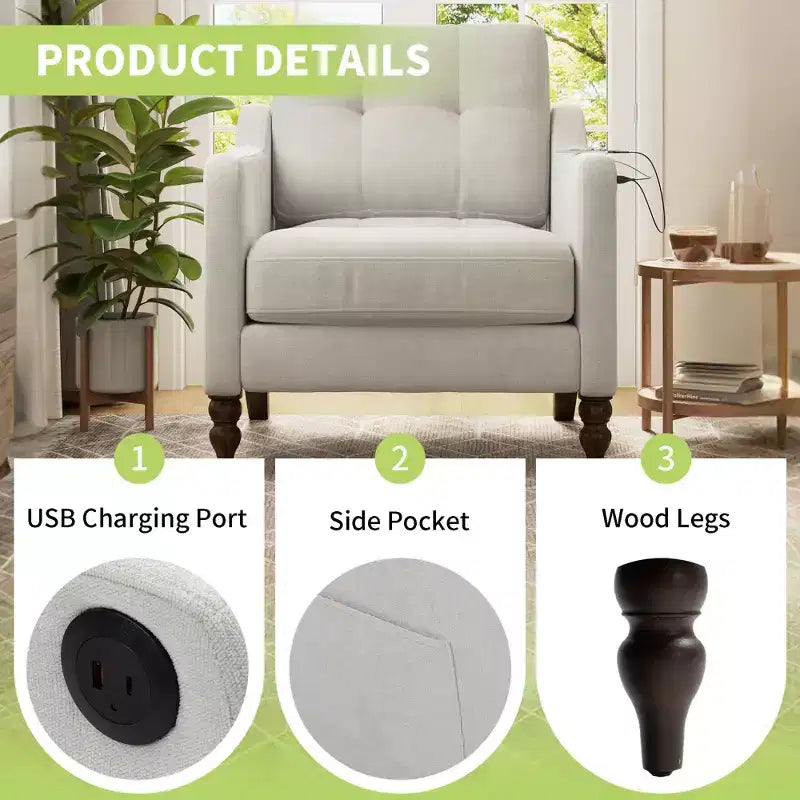 TUYOHW Poltrona moderna, Poltrona ergonomica in ciniglia con porta di ricarica USB, Tasca portaoggetti laterale, Gambe in legno, Poltrona da salotto per soggiorno, camera da letto