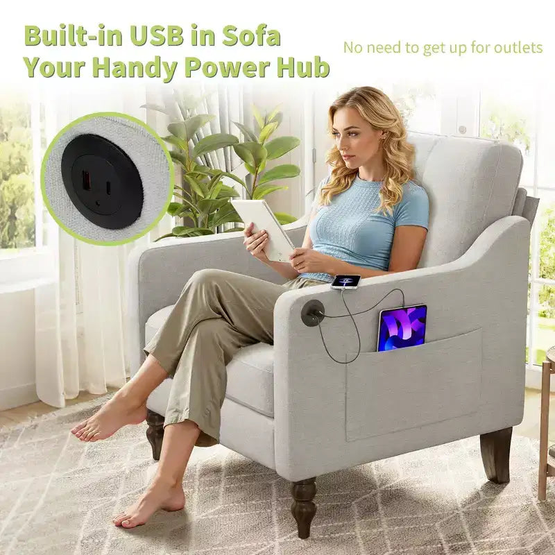 TUYOHW Poltrona moderna, Poltrona ergonomica in ciniglia con porta di ricarica USB, Tasca portaoggetti laterale, Gambe in legno, Poltrona da salotto per soggiorno, camera da letto