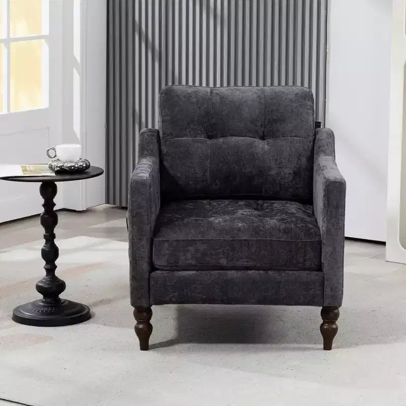 TUYOHW Poltrona moderna, Poltrona ergonomica in ciniglia con porta di ricarica USB, Tasca portaoggetti laterale, Gambe in legno, Poltrona da salotto per soggiorno, camera da letto