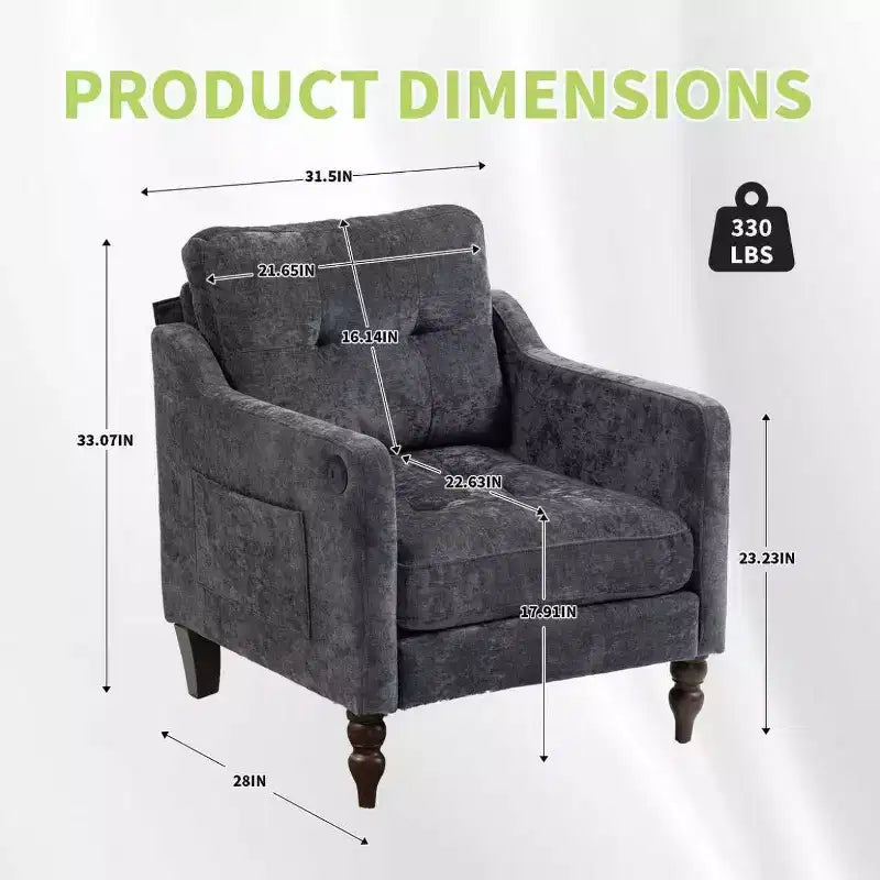 TUYOHW Poltrona moderna, Poltrona ergonomica in ciniglia con porta di ricarica USB, Tasca portaoggetti laterale, Gambe in legno, Poltrona da salotto per soggiorno, camera da letto