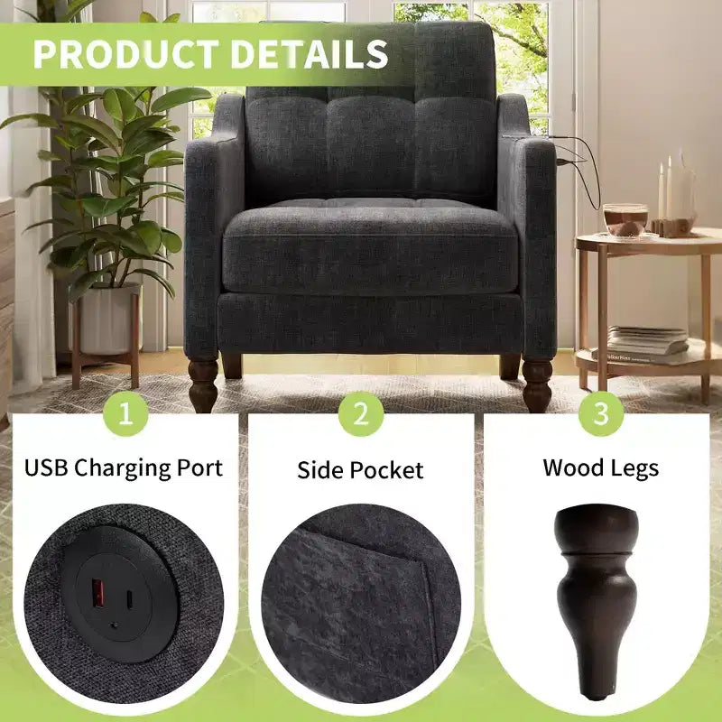 TUYOHW Poltrona moderna, Poltrona ergonomica in ciniglia con porta di ricarica USB, Tasca portaoggetti laterale, Gambe in legno, Poltrona da salotto per soggiorno, camera da letto