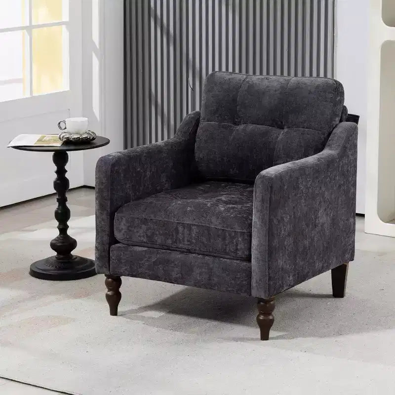 TUYOHW Poltrona moderna, Poltrona ergonomica in ciniglia con porta di ricarica USB, Tasca portaoggetti laterale, Gambe in legno, Poltrona da salotto per soggiorno, camera da letto