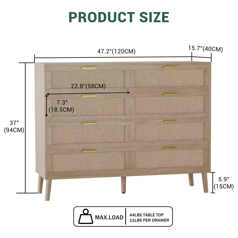 COZONY Cassettiera in Rattan a 8 Cassetti con Maniglie Dorate, Comò in Legno Stile Fattoria per Camera da Letto, Soggiorno, Ingresso e Corridoio