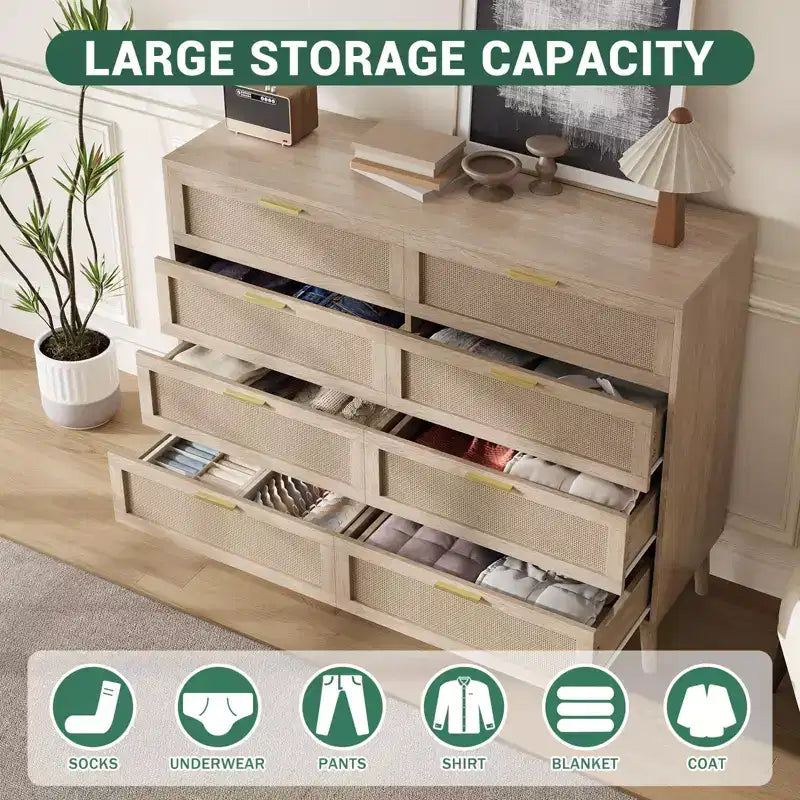 COZONY Cassettiera in Rattan a 8 Cassetti con Maniglie Dorate, Comò in Legno Stile Fattoria per Camera da Letto, Soggiorno, Ingresso e Corridoio