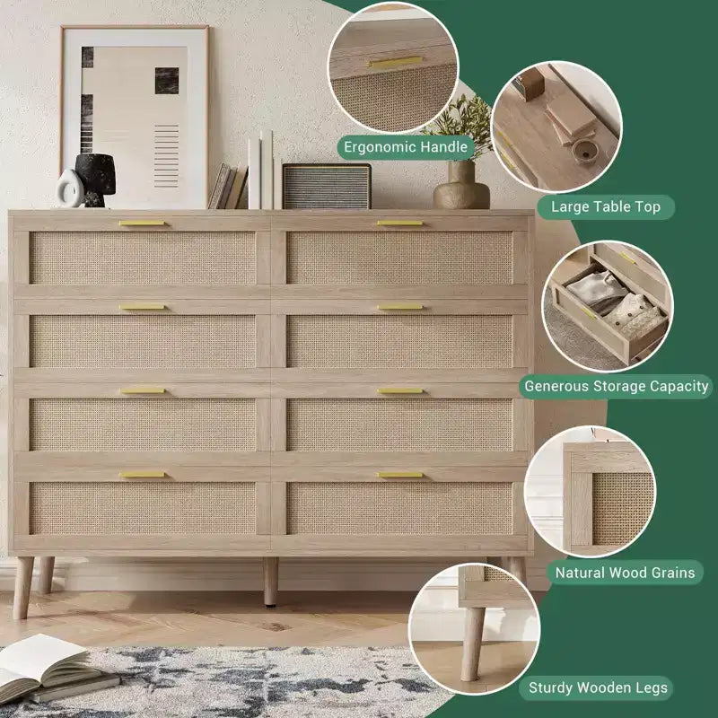 COZONY Cassettiera in Rattan a 8 Cassetti con Maniglie Dorate, Comò in Legno Stile Fattoria per Camera da Letto, Soggiorno, Ingresso e Corridoio