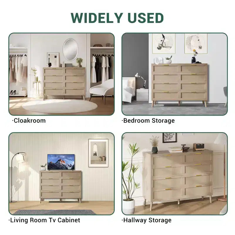 COZONY Cassettiera in Rattan a 8 Cassetti con Maniglie Dorate, Comò in Legno Stile Fattoria per Camera da Letto, Soggiorno, Ingresso e Corridoio