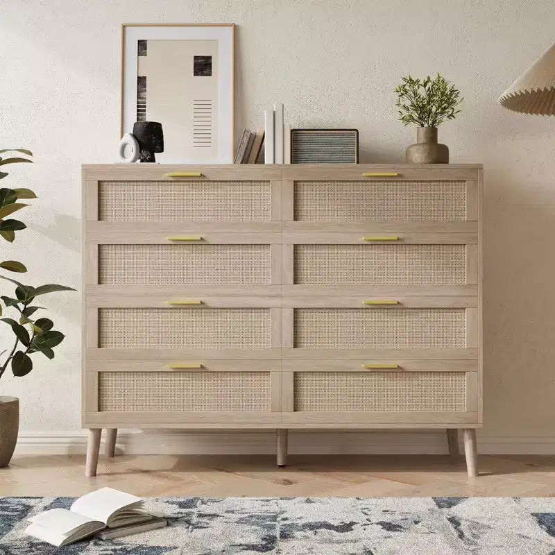 COZONY Cassettiera in Rattan a 8 Cassetti con Maniglie Dorate, Comò in Legno Stile Fattoria per Camera da Letto, Soggiorno, Ingresso e Corridoio