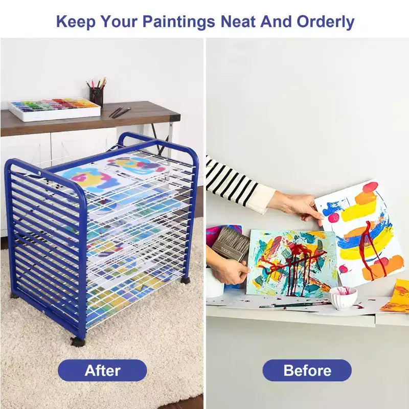 Stendino per opere d'arte, Stendino con 16 ripiani rimovibili e ruote bloccabili Supporto mobile per asciugatura pittura per forniture per aula e studio