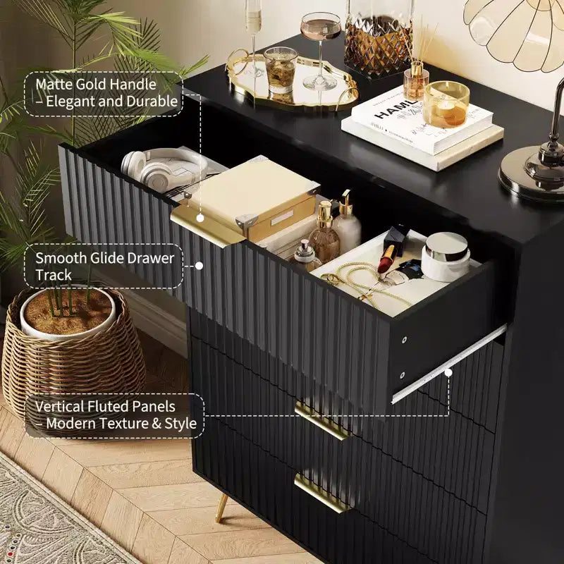 COZONY Cassettiera scanalata a 4 cassetti, comò moderno in legno largo 81 cm con maniglie in metallo per camera da letto e soggiorno