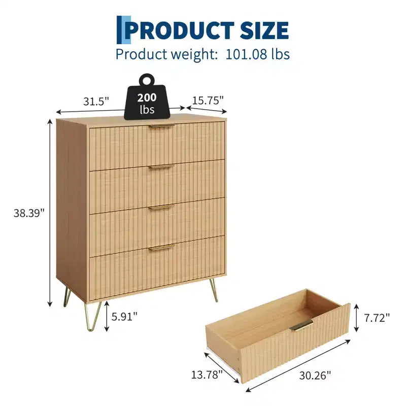 COZONY Cassettiera scanalata a 4 cassetti, comò moderno in legno largo 81 cm con maniglie in metallo per camera da letto e soggiorno