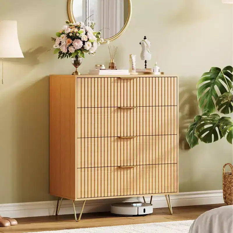 COZONY Cassettiera scanalata a 4 cassetti, comò moderno in legno largo 81 cm con maniglie in metallo per camera da letto e soggiorno