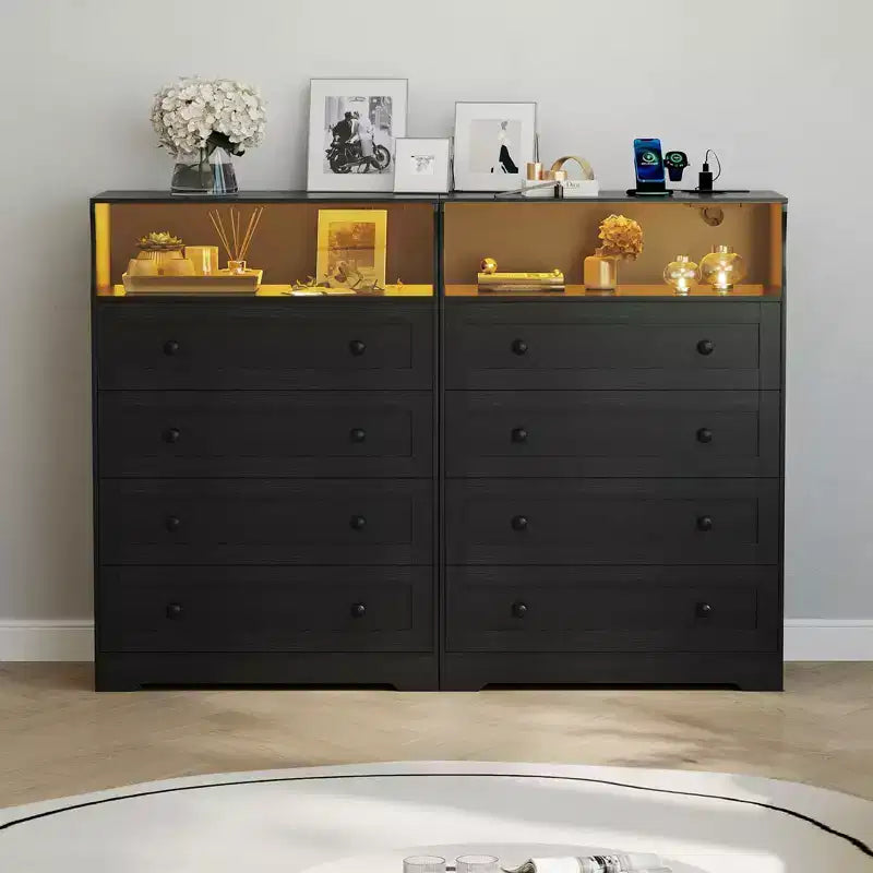 Cassettiera in legno a 4 cassetti COZONY con luci a LED e stazione di ricarica, comodino moderno e organizer per la conservazione