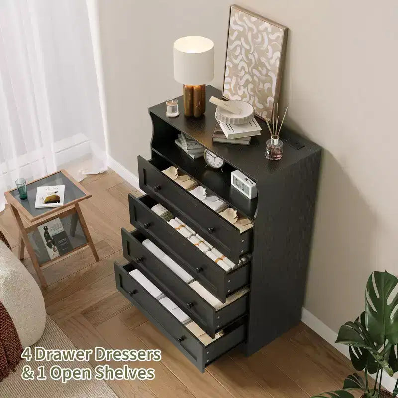 Cassettiera in legno a 4 cassetti COZONY con luci a LED e stazione di ricarica, comodino moderno e organizer per la conservazione