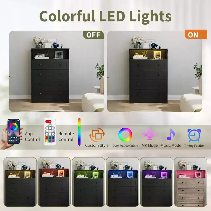 Cassettiera in legno a 4 cassetti COZONY con luci a LED e stazione di ricarica, comodino moderno e organizer per la conservazione