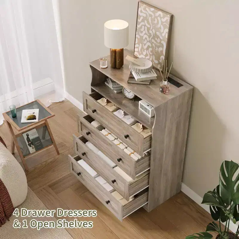 Cassettiera in legno a 4 cassetti COZONY con luci a LED e stazione di ricarica, comodino moderno e organizer per la conservazione