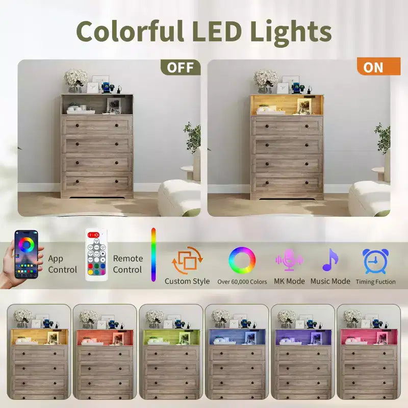 Cassettiera in legno a 4 cassetti COZONY con luci a LED e stazione di ricarica, comodino moderno e organizer per la conservazione