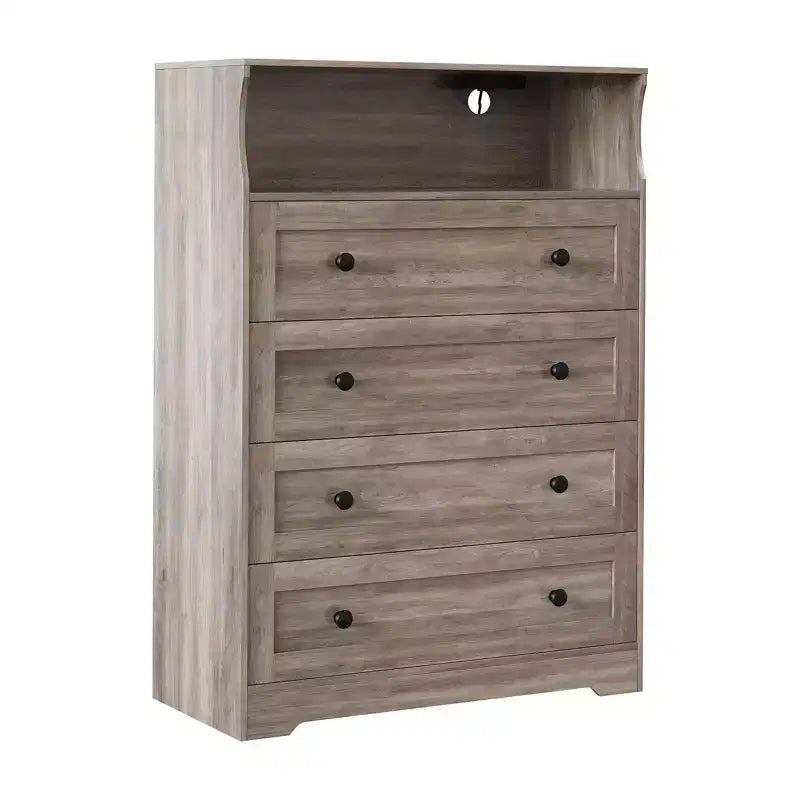 Cassettiera in legno a 4 cassetti COZONY con luci a LED e stazione di ricarica, comodino moderno e organizer per la conservazione
