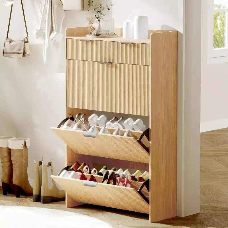 Narrow Shoe Storage Cabinet with 3 Flip Drawers, Slim Fluted Shoe Organizer for Entryway & Small Spaces, Freestanding Shoe Rack with Top Drawers