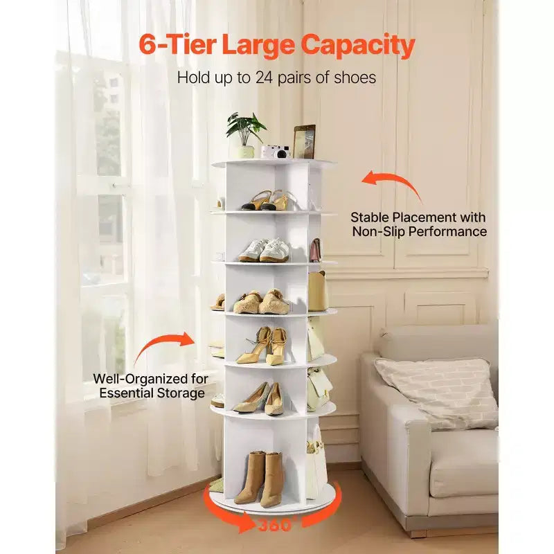 Scarpiera a torre girevole a 360 gradi a 6 ripiani, organizer rotante per scarpe Lazy Susan per camera da letto, ingresso e armadio, bianca