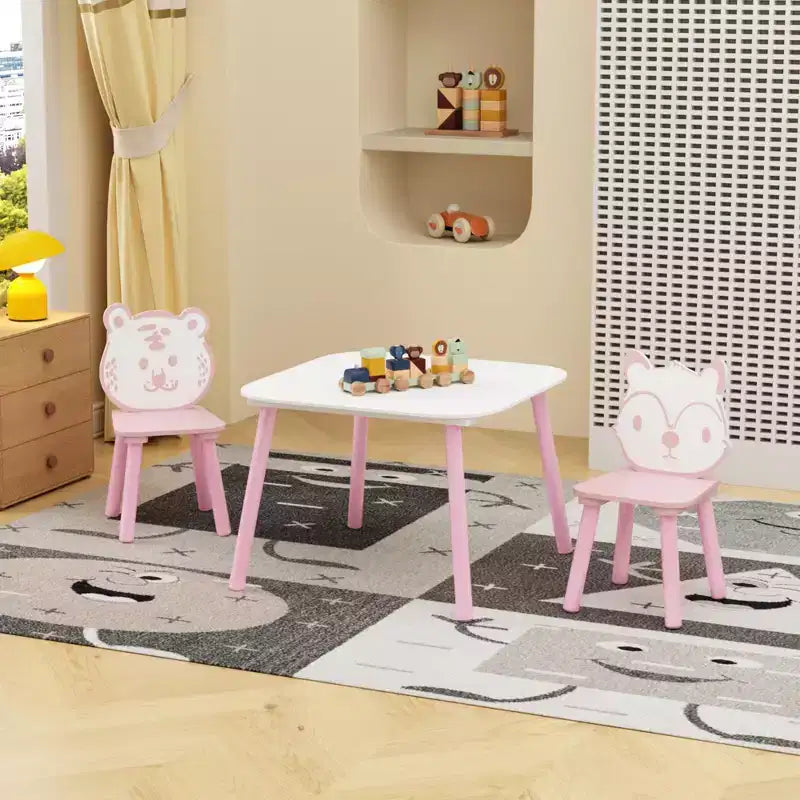 JVNOXK Set Tavolo e Sedie per Bambini, Scrivania in Legno a 3 Pezzi per Bambini con Schienale a Forma di Animale, Tavolo per Attività per Disegno, Apprendimento, Sala Giochi o Asilo Nido Rosa