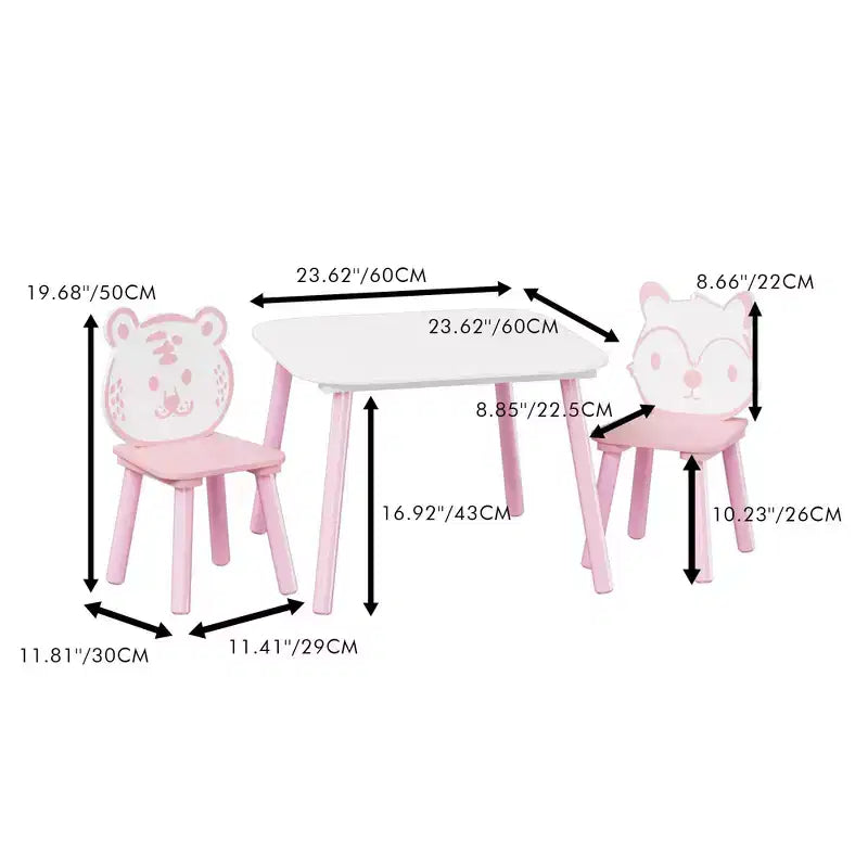 JVNOXK Set Tavolo e Sedie per Bambini, Scrivania in Legno a 3 Pezzi per Bambini con Schienale a Forma di Animale, Tavolo per Attività per Disegno, Apprendimento, Sala Giochi o Asilo Nido Rosa