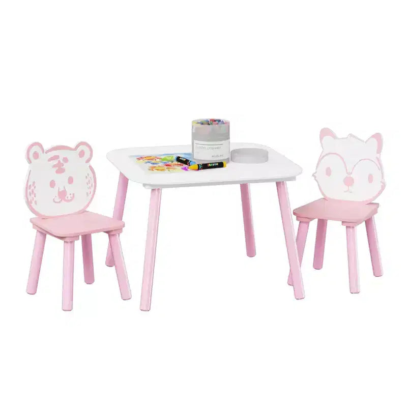JVNOXK Set Tavolo e Sedie per Bambini, Scrivania in Legno a 3 Pezzi per Bambini con Schienale a Forma di Animale, Tavolo per Attività per Disegno, Apprendimento, Sala Giochi o Asilo Nido Rosa