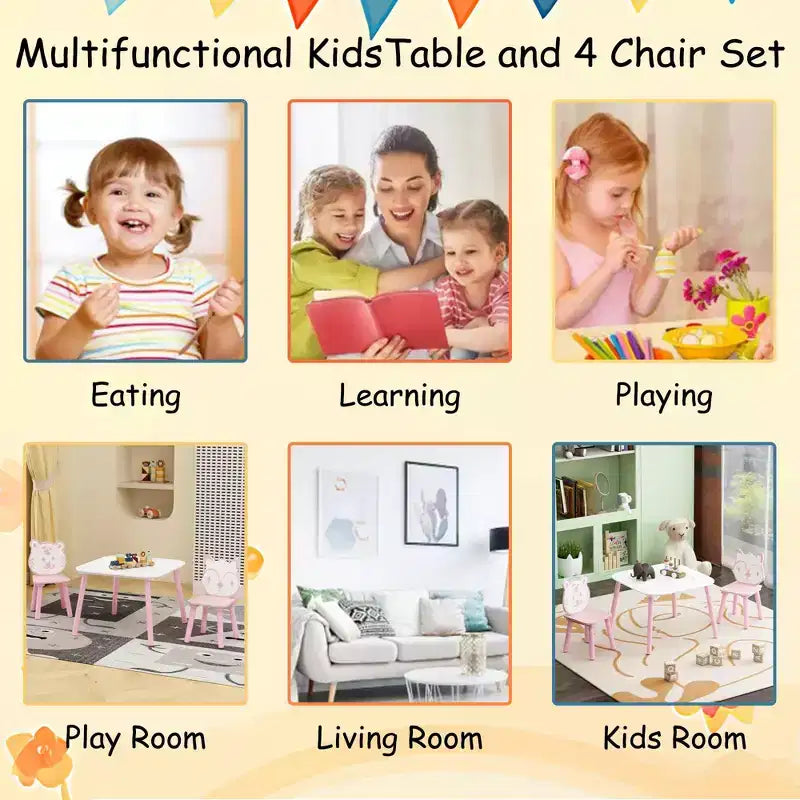 JVNOXK Set Tavolo e Sedie per Bambini, Scrivania in Legno a 3 Pezzi per Bambini con Schienale a Forma di Animale, Tavolo per Attività per Disegno, Apprendimento, Sala Giochi o Asilo Nido Rosa