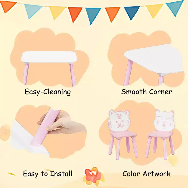JVNOXK Set Tavolo e Sedie per Bambini, Scrivania in Legno a 3 Pezzi per Bambini con Schienale a Forma di Animale, Tavolo per Attività per Disegno, Apprendimento, Sala Giochi o Asilo Nido Rosa