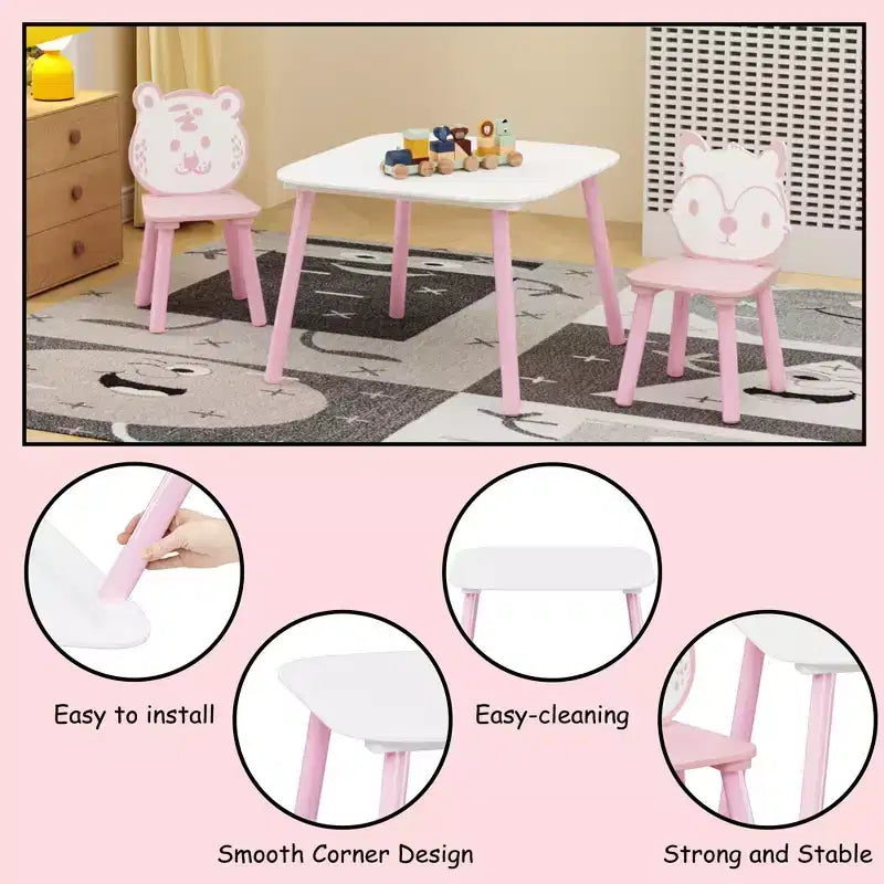 JVNOXK Set Tavolo e Sedie per Bambini, Scrivania in Legno a 3 Pezzi per Bambini con Schienale a Forma di Animale, Tavolo per Attività per Disegno, Apprendimento, Sala Giochi o Asilo Nido Rosa