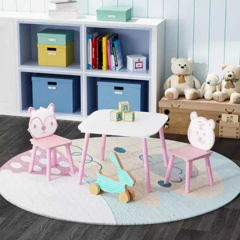 JVNOXK Set Tavolo e Sedie per Bambini, Scrivania in Legno a 3 Pezzi per Bambini con Schienale a Forma di Animale, Tavolo per Attività per Disegno, Apprendimento, Sala Giochi o Asilo Nido Rosa