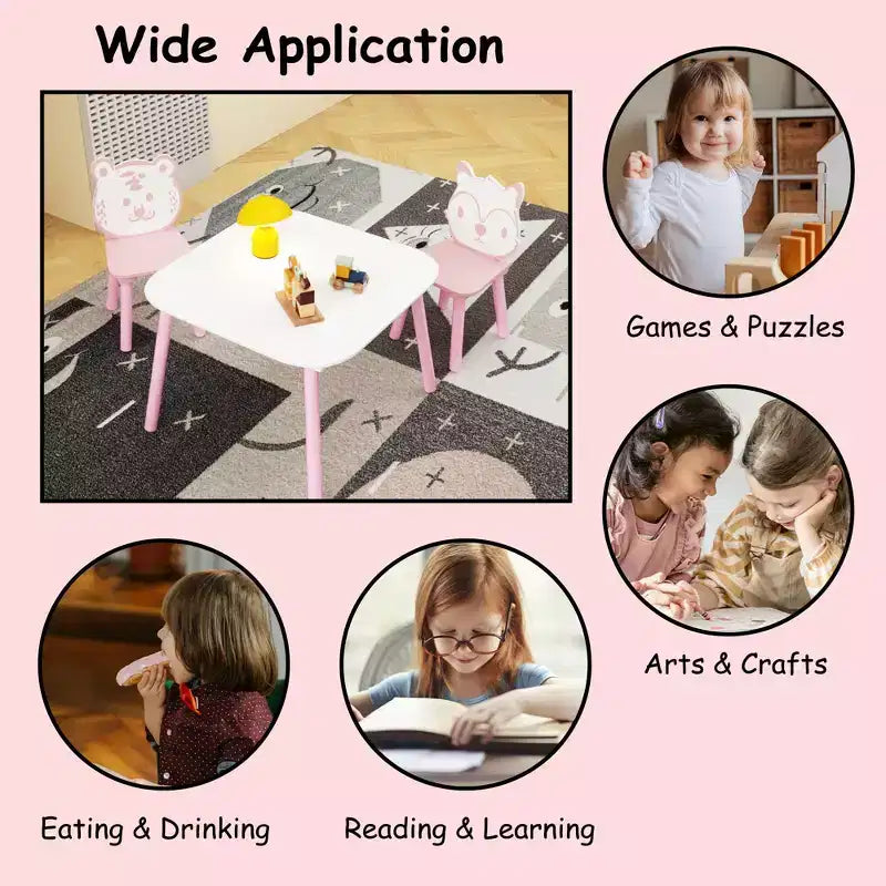 JVNOXK Set Tavolo e Sedie per Bambini, Scrivania in Legno a 3 Pezzi per Bambini con Schienale a Forma di Animale, Tavolo per Attività per Disegno, Apprendimento, Sala Giochi o Asilo Nido Rosa