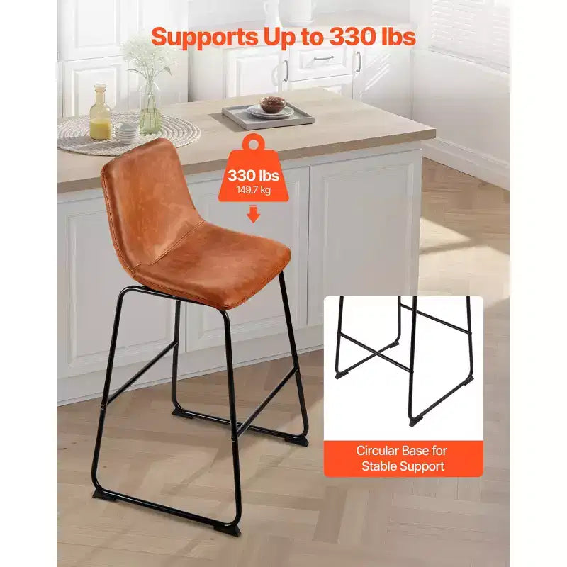 VEVOR Set di 4 Sgabelli da Bar, Sgabelli da Bancone Alti 66 cm, Sgabello da Bar Moderno in Pelle PU con Schienale, Gambe in Metallo, Facile Montaggio, Marrone